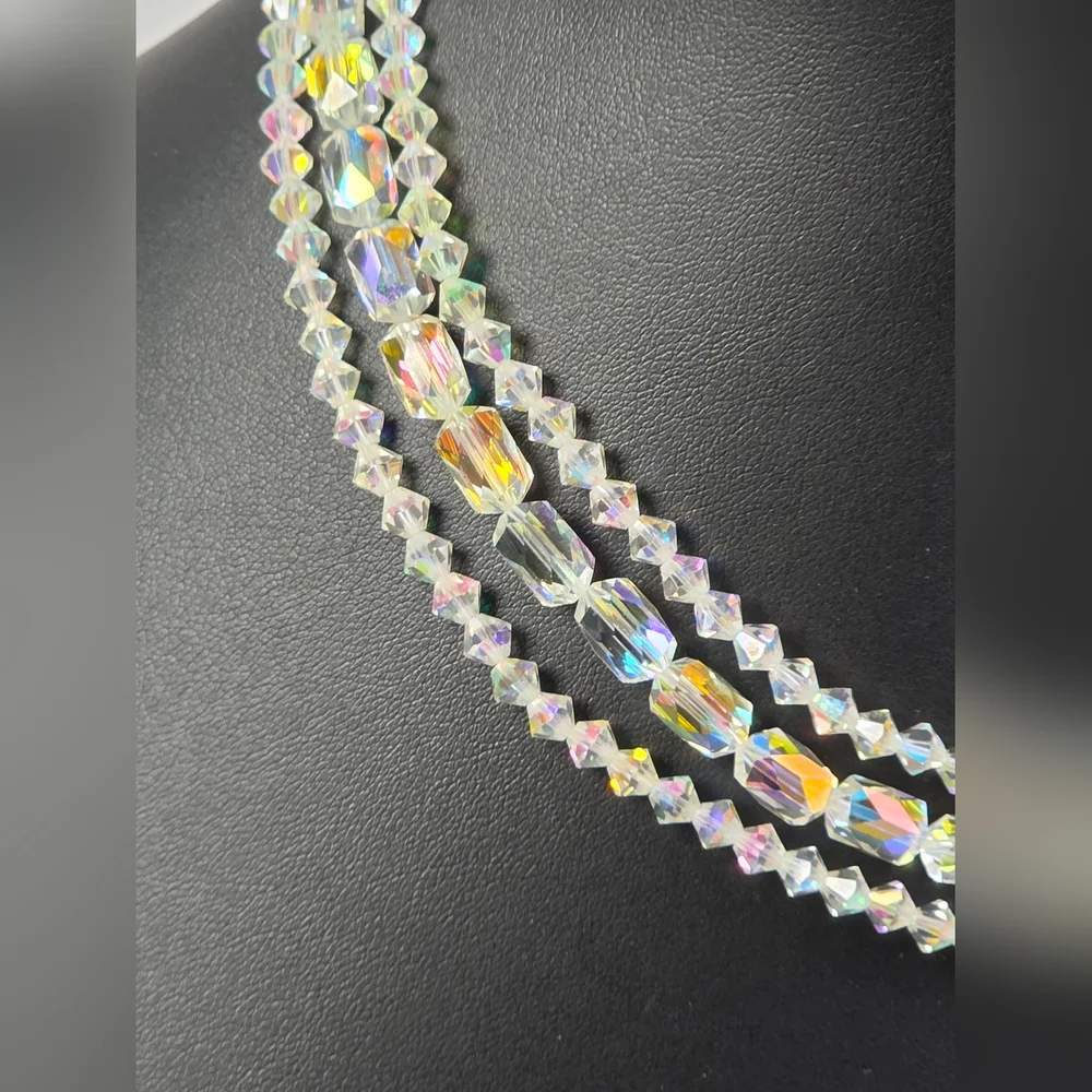 Vintage AB Necklace Triple Strand Faceted Austrian Crystals Aurora Borealis - Picture 2 of 7